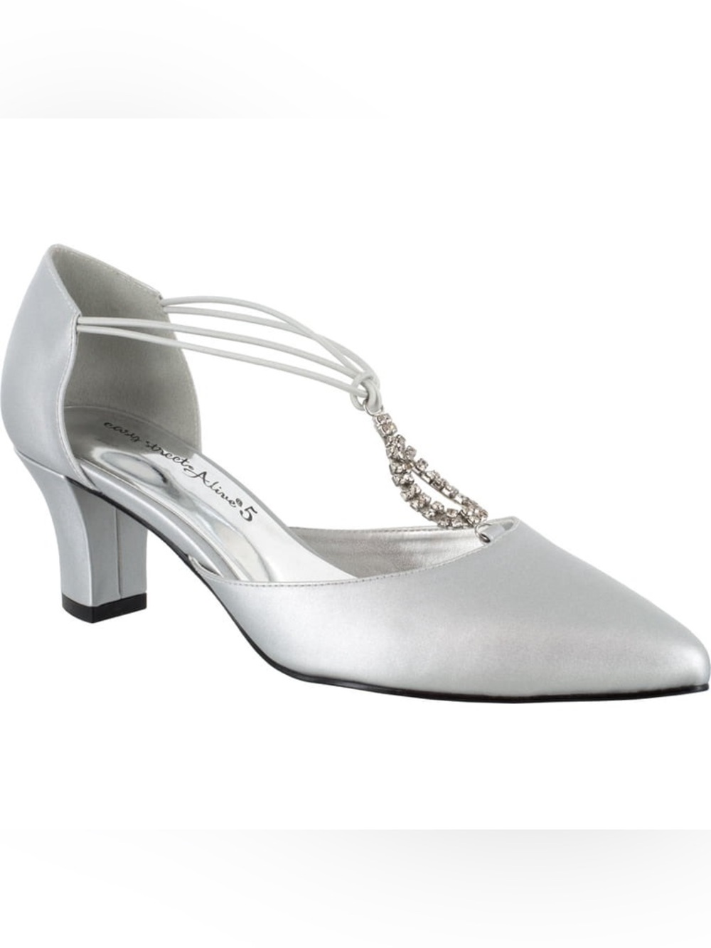 NIB Easy Street Alive@5 Moonlight Rhinestone Silver Satin Pumps Heels - Size 8M